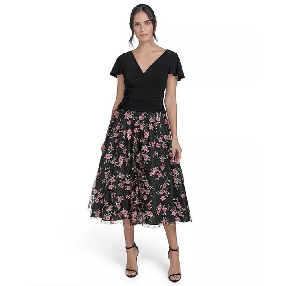 Jessica Howard Dress Womens Black Floral Embroidered Flutter Sleeve 16 NWT